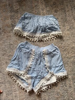 Light Blue Pom Pom Lace Trim Women’s Shorts and Bandeau Top